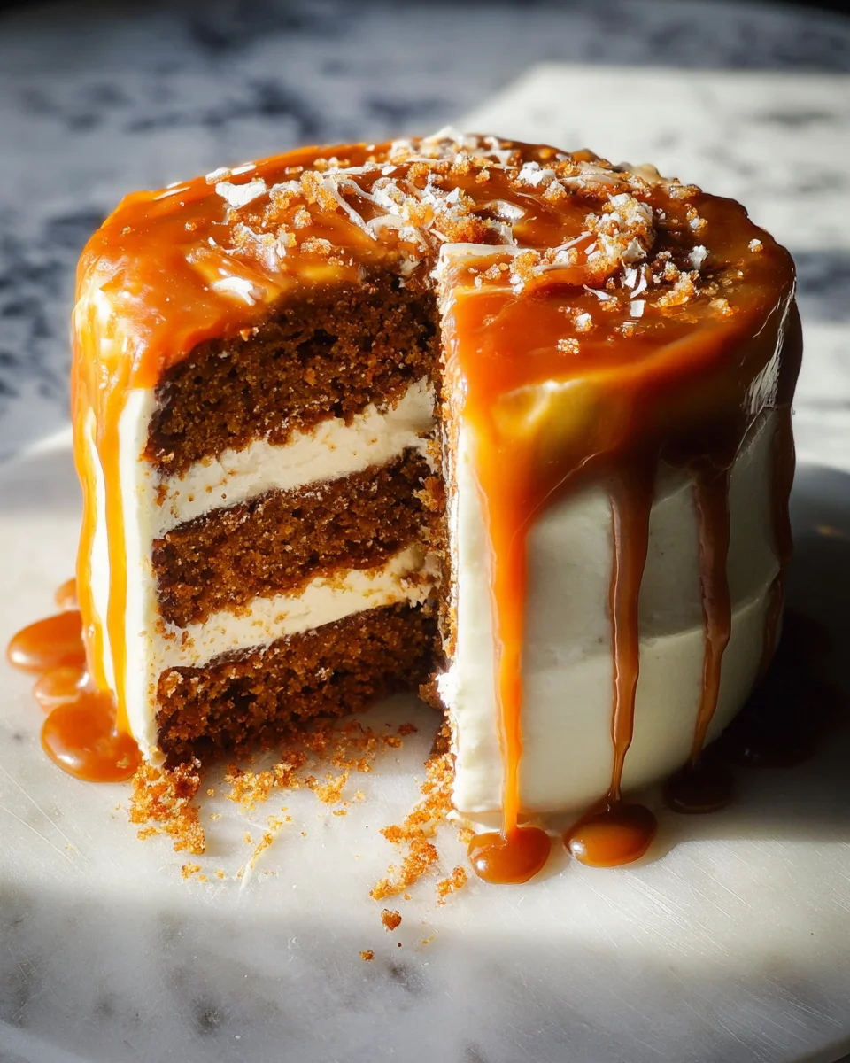 Pumpkin Cake with Cream Cheese Frosting and Salted Caramel Drizzle