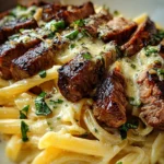 Steak and Creamy Garlic Parmesan Pasta