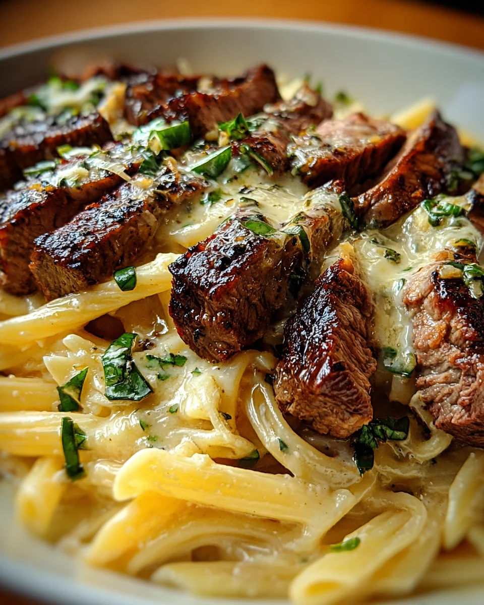 Steak and Creamy Garlic Parmesan Pasta