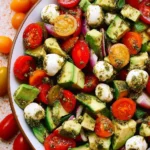 Tomato Cucumber Avocado Salad with Mozzarella and Basil Pesto