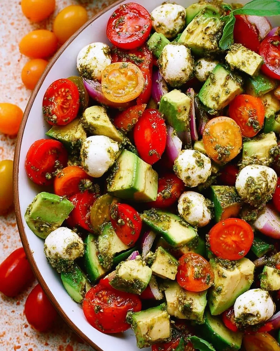 Tomato Cucumber Avocado Salad with Mozzarella and Basil Pesto