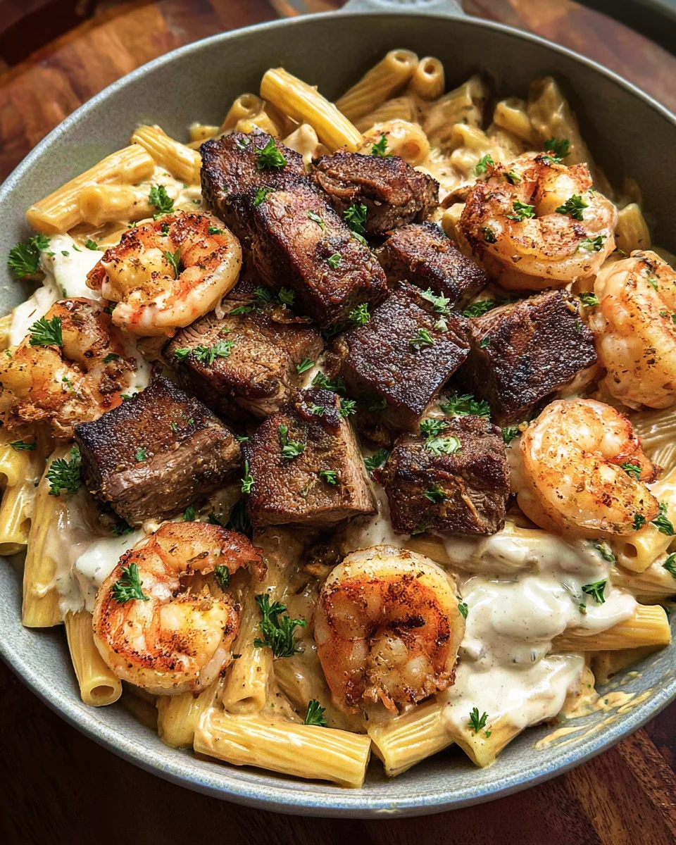 Blackened Steak and Shrimp Alfredo