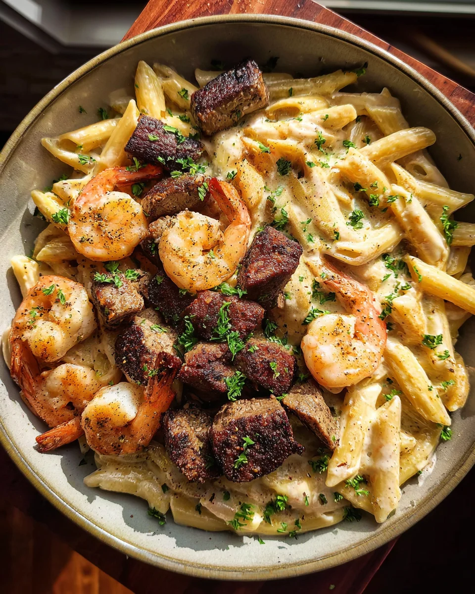 Blackened Steak and Shrimp Alfredo 19 Blackened