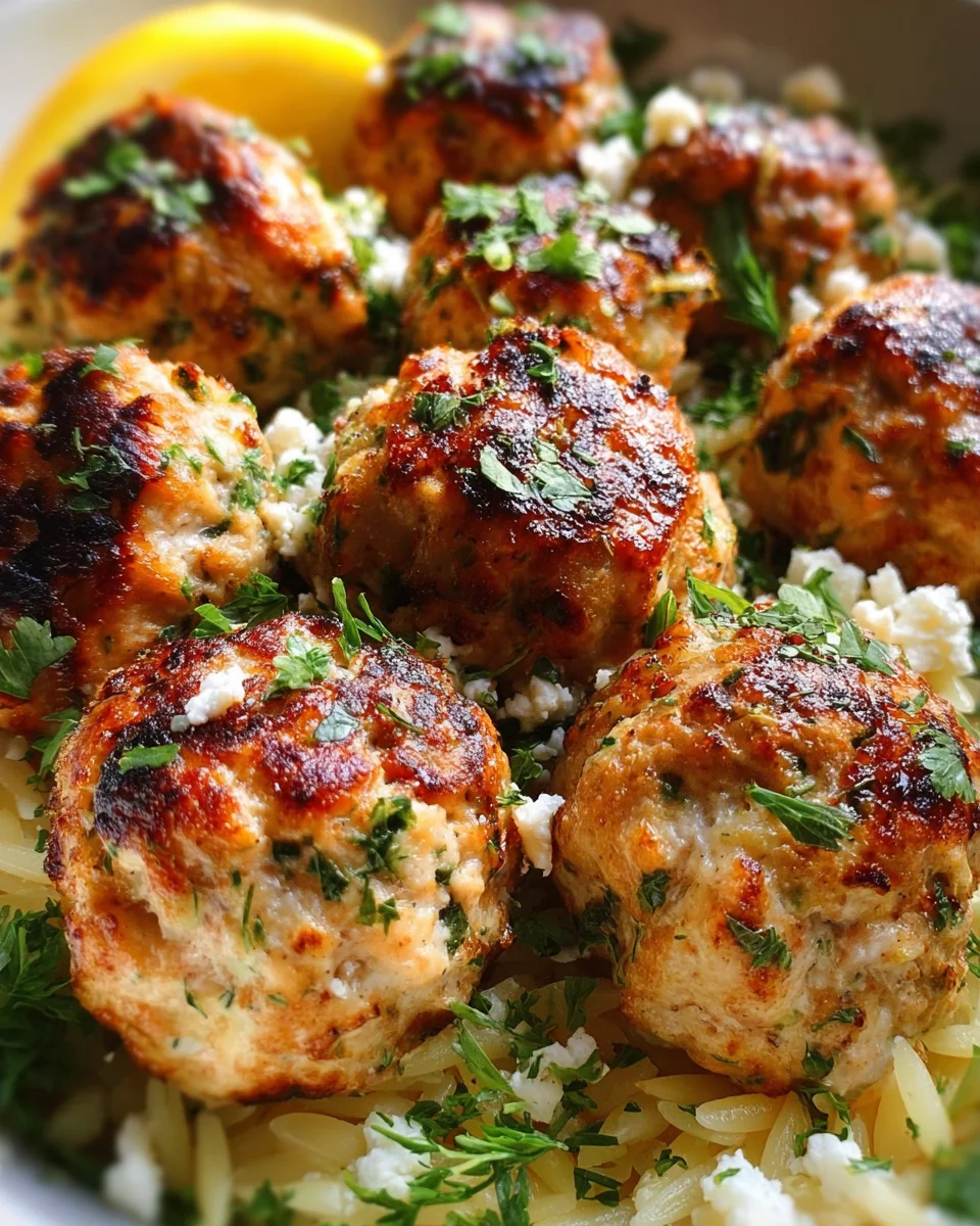 Greek Chicken Meatballs with Lemon Orzo