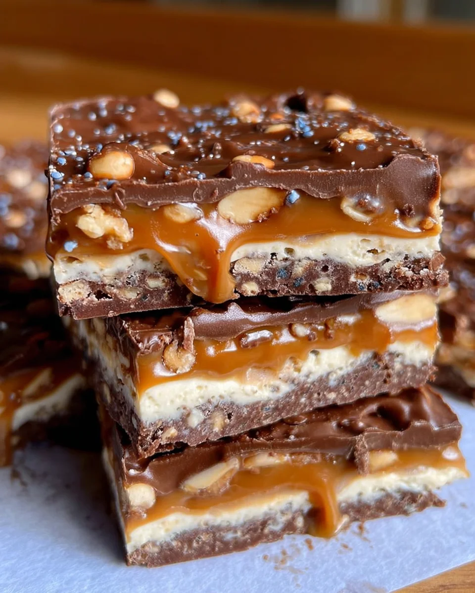 No Bake Crispy Snickers Bars