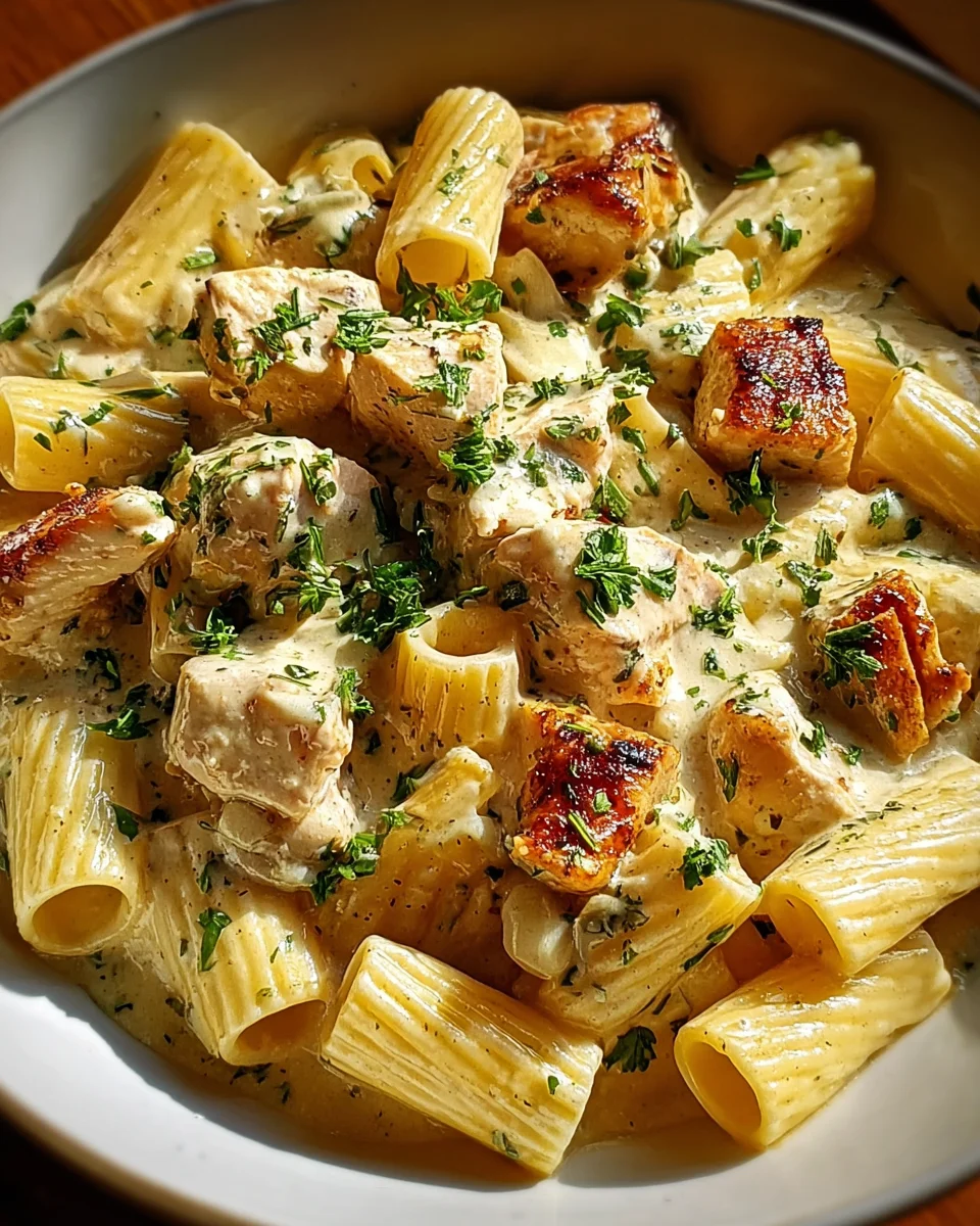 Creamy Garlic Butter Chicken and Rigatoni in Parmesan Sauce