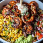 Grilled Shrimp Bowl with Avocado, Corn Salsa & Creamy Garlic Sauce