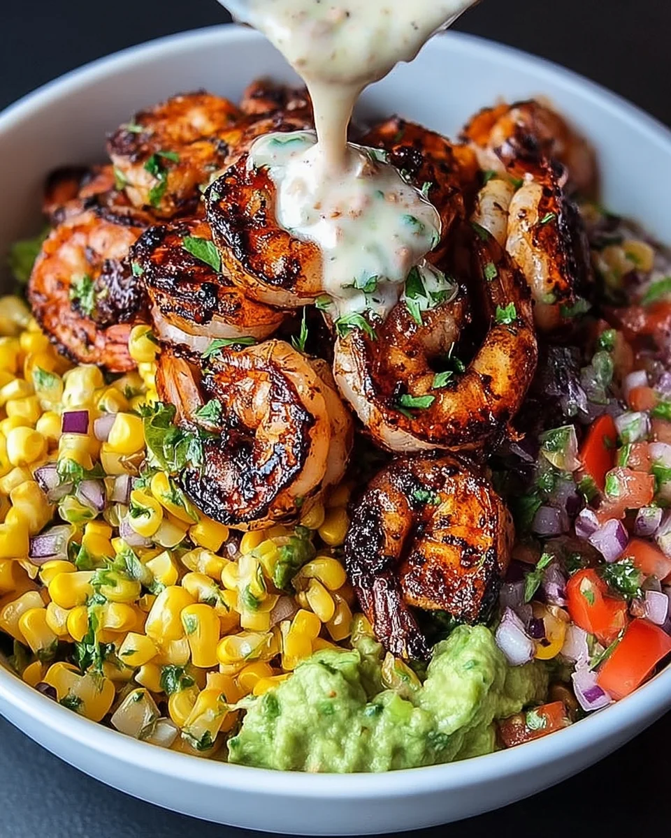 Grilled Shrimp Bowl with Avocado, Corn Salsa & Creamy Garlic Sauce 27 Grilled Shrimp Bowl with Avocado, Corn Salsa & Creamy Garlic Sauce