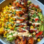 Grilled Shrimp Bowl with Avocado, Corn Salsa & Creamy Sauce