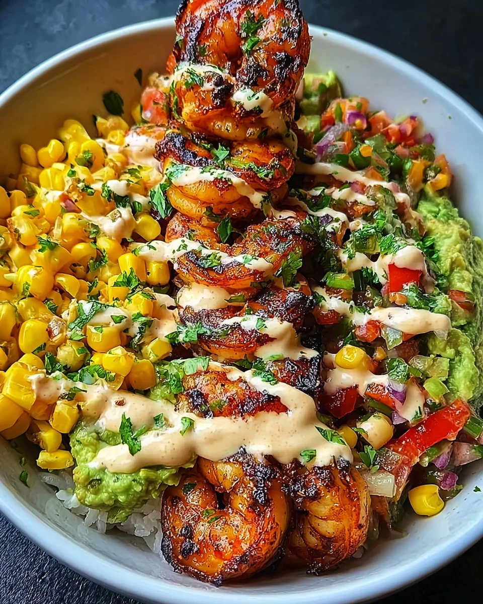 Grilled Shrimp Bowl with Avocado, Corn Salsa & Creamy Sauce