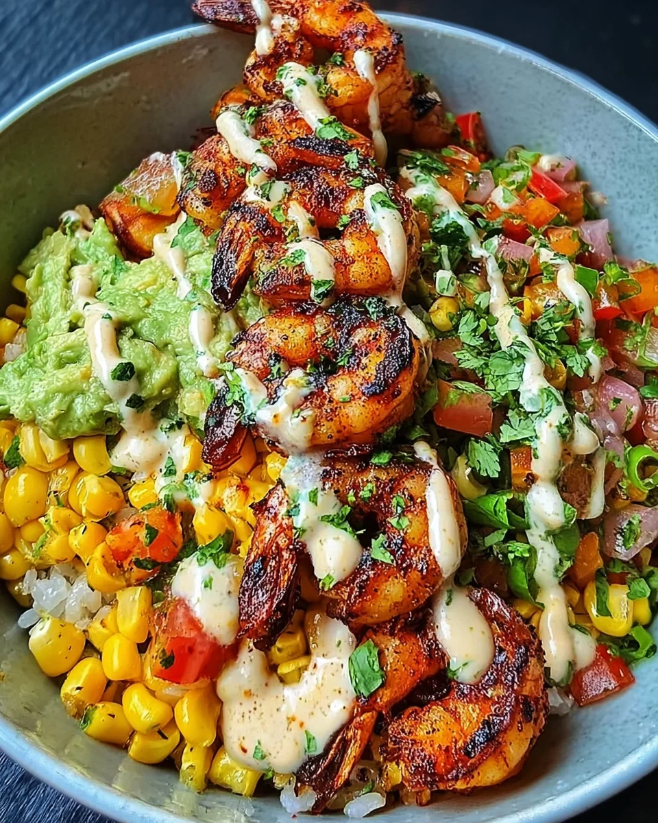 Grilled Shrimp Bowl with Avocado, Corn Salsa & Creamy Sauce 34 Grilled